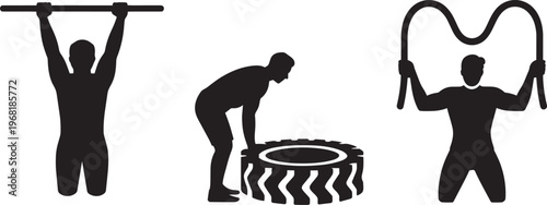 Silhouette Set Of Three Figures Performing Fitness Exercises Like Pull-ups, Tire Flips, And Jump Rope