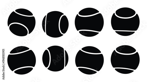 A collection of eight black tennis balls depicted in varying positions and orientations a striking silhouette high quality professional detailed modern
