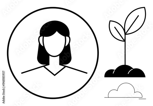 Sustainability, eco-friendly initiatives, personal growth, environmental awareness, human connection, and progress. Minimalistic icons of a female avatar, sprouting plant and cloud. Sustainability