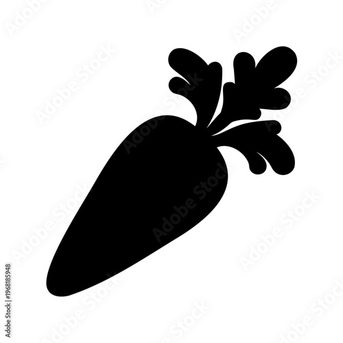 Stylized black silhouette of a carrot with its leaves on a white background