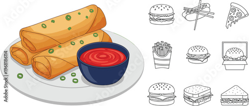  Spring rolls with sauce and fast food icons set asian cuisine snack meal vector illustration collection