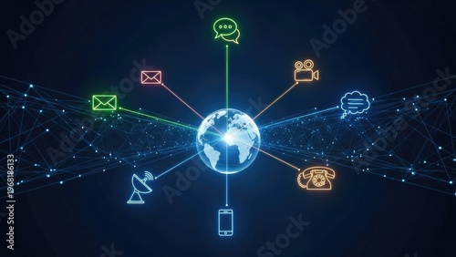 Earth globe connects to icons via network lines on a dark blue background