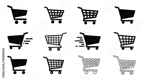 A collection of black shopping carts and one white cart are displayed in a grid arrangement a simple silhouette high quality