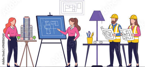  Teamwork construction planning and architecture design concept engineers and designers collaboration vector illustration scene