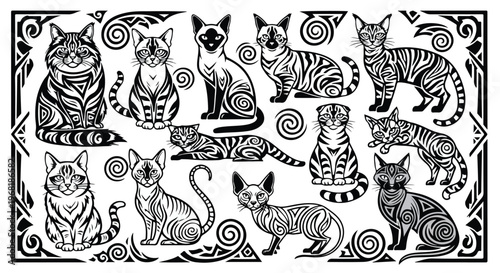 9 cat breeds tribal style illustration in one frame, Persian Siamese Maine Coon British Shorthair Bengal Scottish Fold Ragdoll Sphynx Russian Blue, abstract tribal ornament, geometric pattern
