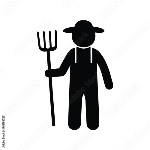 A black icon of a farmer with pitchfork stands on a white background
