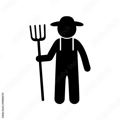 A black icon of a farmer with pitchfork stands on a white background