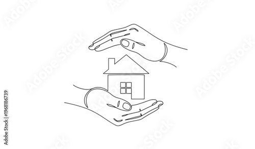 Continuous line hands protecting house real estate insurance home loan concept vector illustration