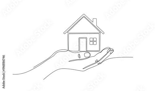 Minimal one line hand holding house vector real estate home loan property concept illustration