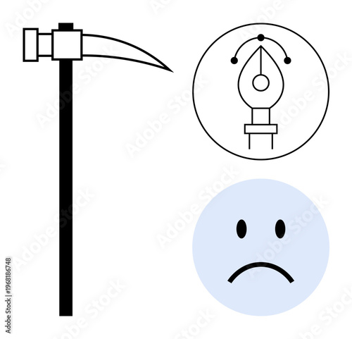 Creativity symbols. A composition a minimalist pickaxe, pen tool icon, and sad face symbol. Creativity supports digital design, emotional ation, and artistic communication. For graphic design
