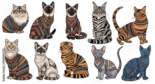 tribal cat breeds collection, 9 cats in tribal style, Persian Siamese Maine Coon British Shorthair Bengal Scottish Fold Ragdoll Sphynx Russian Blue, abstract geometric tribal pattern