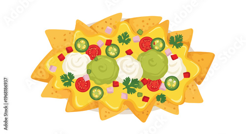 Vibrant illustration of delicious nachos with golden chips, melted cheese, guacamole, sour cream, tomatoes, jalapeños, and cilantro. Perfect savory
