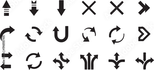 Arrows icon set. Black round reload sign, repeat icon, sync, rotate arrow symbol, refresh reload rotation