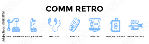 Comm Retro Banner Web Icon Set Collection Pack Vector Illustration Concept For Connect Voice Print And Film Tools In A Timeless Communication Journey
