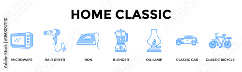 Home Classic Banner Web Icon Set Collection Pack Vector Illustration Concept For Combine Vintage Lifestyle Essentials With Timeless Home And Mobility Tools