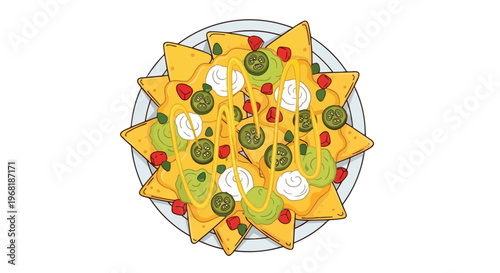 Crispy tortilla chips generously covered with melted cheese creamy guacamole zesty jalapeños and diced tomatoes a delectable appetizer illustration