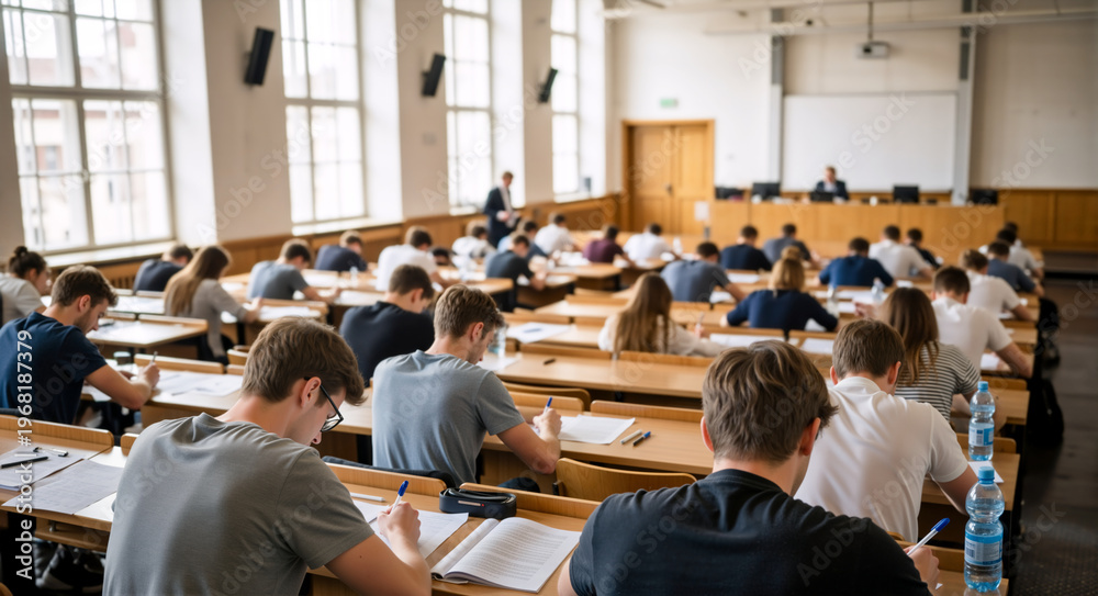 Obraz premium Large group of students taking an exam in a university lecture hall. Pupils writing a test at long wooden desks. Academic evaluation and higher education concept