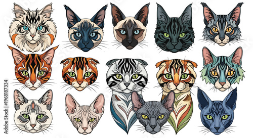 tribal cat breeds bundle in one frame, Persian Siamese Maine Coon British Shorthair Bengal Scottish Fold Ragdoll Sphynx Russian Blue, abstract tribal elements, geometric ethnic pattern, bold line art