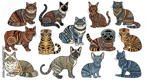 9 cat breeds in tribal style, Persian Siamese Maine Coon British Shorthair Bengal Scottish Fold Ragdoll Sphynx Russian Blue, tribal ornament pattern, ethnic geometric shapes, bold black lines