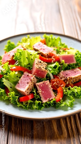 Close-up shot of a fresh, colorful salad with seared tuna, leafy greens, red bell peppers, and sesame seeds on a plate