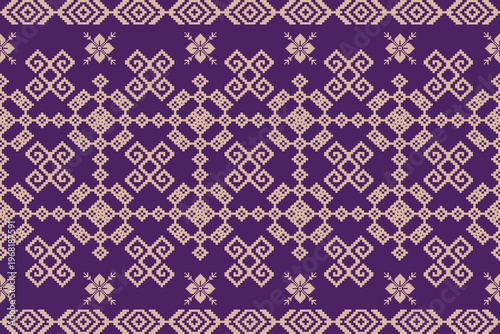 This image shows a purple fabric pattern with



This image shows a purple fabric pattern with a traditional Thai geometric design in white.

