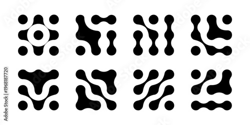 Set of metaball patterns. Black linked fluid drops, flowing dots or round organic shapes isolated on white background. Connected neurons, molecules or cells. Modern print. Vector graphic illustration.