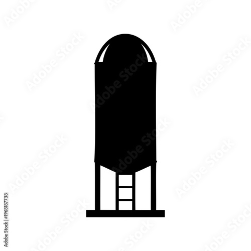 Silhouette of a black grain silo, vertical storage structure for agriculture