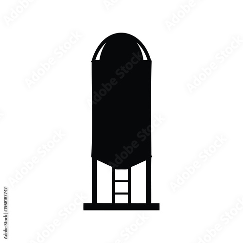 Silhouette of a black grain silo, vertical storage structure for agriculture