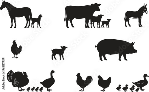 Silhouettes of farm animals with offspring including horse, cow, donkey, pig, poultry, goose, duck, lamb, turkey