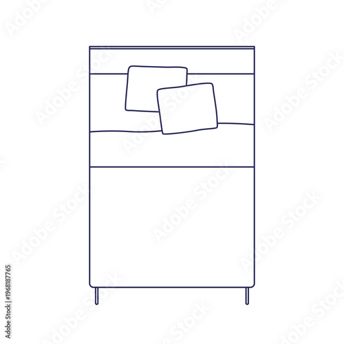 Outline contour bed, top down view. Linear bedroom furniture, from above, made with cover. Comfortable pillows, duvet on mattress, line drawing. Flat vector illustration isolated on white background