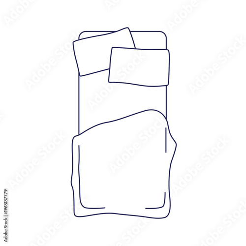 Single bed, top down view. Linear bedroom furniture, from above. Cozy comfortable pillows, duvet on mattress. Bedclothes, line drawing. Flat vector illustration isolated on white background