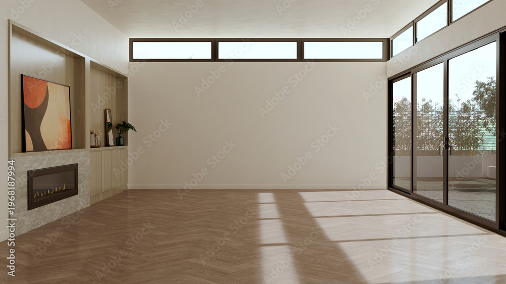 Naklejka premium 3D render, illustration Luxury modern living room interior, realistic lighting, wide angle, contemporary furniture, clean lines, minimalist decor, elegant home design, large window
