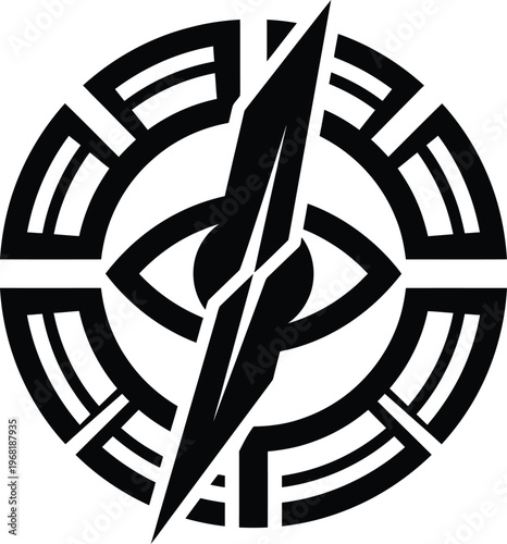 Stylized black and white mystical eye with broken dagger symbol, encircled by segmented runes, professional high-resolution graphic design.