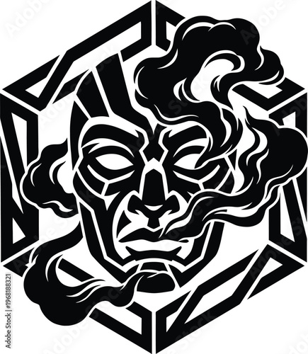 Intricate black and white graphic design featuring a stylized geometric face within a hexagonal frame, complete with swirling smoke elements.