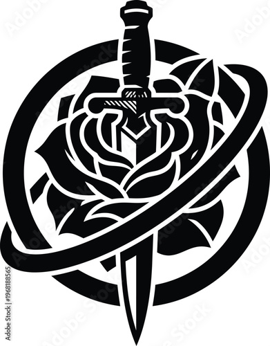 High resolution black and white iconic design of a dagger penetrating a rose with an encircling abstract element.