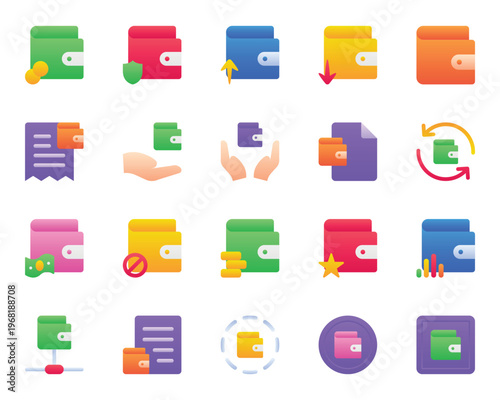 Gradient color icons set for Wallet, purse, savings, cash