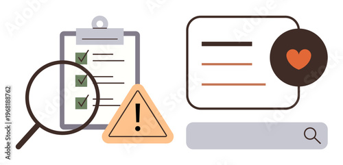 Business compliance, safety monitoring, risk detection, data validation, online search, error prevention. Features checklist, magnifying glass warning sign heart icon and search box. Compliance