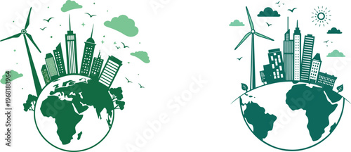 Sustainable Green City Concept with Wind Turbine, Eco Friendly Urban Skyline, and Earth Globe