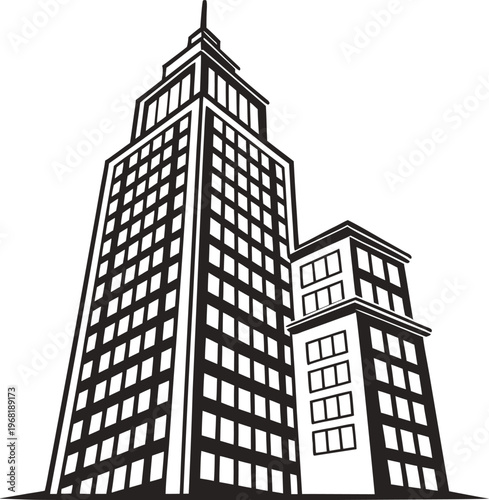Two stylized skyscrapers depicted in a simple, graphic style. The buildings are black, outlined against a transparent background, indicating they are possibly cut out or an element for a design. The b