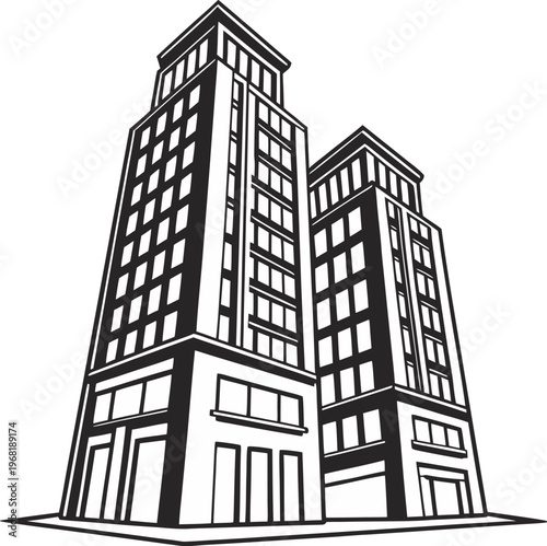 Two stylized skyscrapers depicted in a simple, graphic style. The buildings are black, outlined against a transparent background, indicating they are possibly cut out or an element for a design. The b