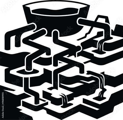 Intricate industrial liquid flow system with pipes and platforms in a high contrast graphic design illustration.
