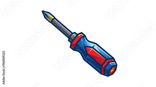 Screwdriver with blue and red handle.