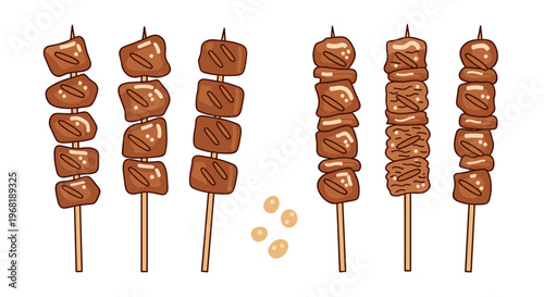 Illustration of grilled meat skewers with condiments.