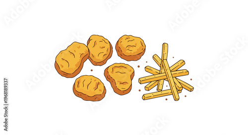 Crispy golden fried poultry pieces and potato sticks artfully arranged against a pristine white background. A delightful culinary illustration of