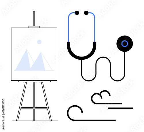 Healthcare, medical innovation, art, creativity, relaxation, and wellness. A stethoscope, an easel with abstract art and flowing lines. Healthcare and medical innovation with creative flair