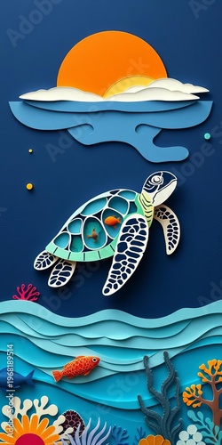 Layered paper cut sea turtle with ocean life, vector art, navy background,  under the sea,  navy blue