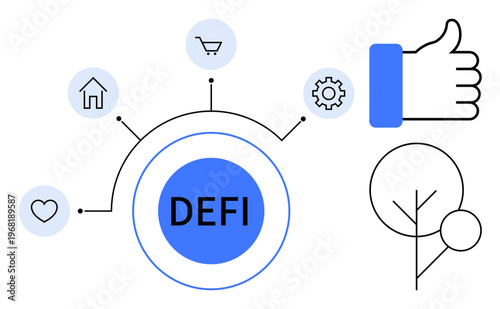 Decentralized finance concept. Decentralized finance with icons for home, shopping, sustainability, and digital approval. Decentralized finance revolutionizes traditional banking. Perfect