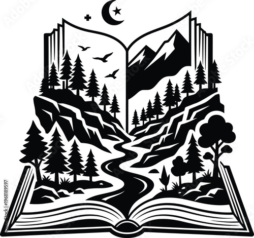 Open book landscape with religious symbols, featuring high resolution, detailed textures, and professional composition.