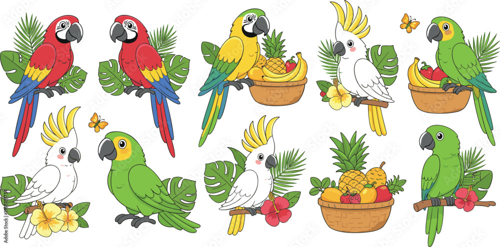 Obraz premium Vector set of colorful cartoon parrots and tropical birds featuring macaws and cockatiels with fruit baskets for nature and pet design.