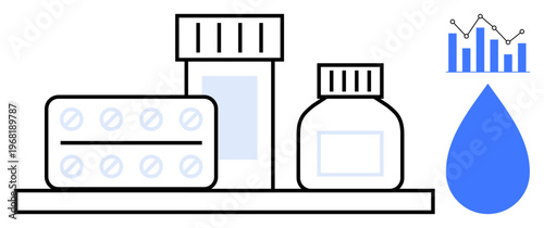 Medication tracking, healthcare analytics, dosage management, pharmaceutical supplies, health monitoring, research. Bottles, a blister pack a droplet and a chart. Medication tracking and healthcare